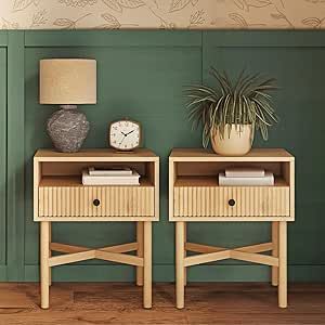 Fluted Modern Nightstand Set of 2 - Living Room and Bedroom Furniture - Small Wooden Fluted Side Table with Open Shelf Storage and Drawer - Solid Sliding Drawer and Solid Wood Legs (Natural Oak) Bohemian Bedroom Nightstand, Two Nightstands Bedroom, Cute Bedroom Nightstands, Guest Room Side Table, Side Table Inspo Bedroom, Wood Bed Side Tables, Small Bedroom Side Table Ideas, Desert Room Decor, Narrow Nightstand Ideas