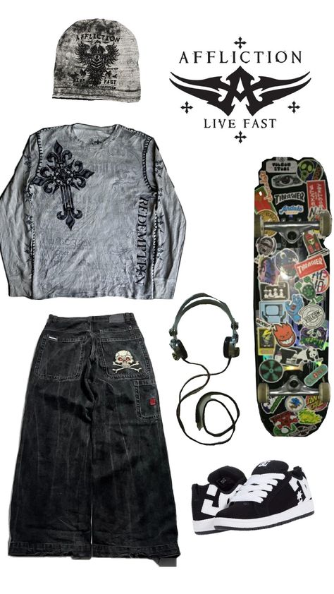 #skateboared #affliction #jnco skater boy fit Skater Boy Fit, Y2k Skater Outfits, Affliction Fits, Skater Boys Fashion, Skater Boy Fits, Skater Boys Outfits, Skater Boy Outfits, Skater Fits, Skater Fashion