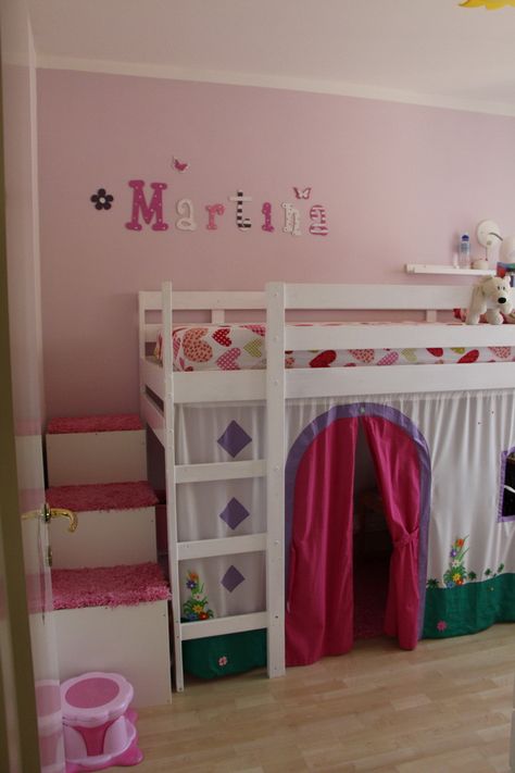 MYDAL Loftbed with play area for girl's room | IKEA Hackers Cama Ikea Kura, Loft Bed Curtains, Ikea Loft, Ikea Loft Bed, Bed For Girls Room, Ikea Kura Bed, Kura Bed, Loft Furniture, Bunk Beds With Stairs