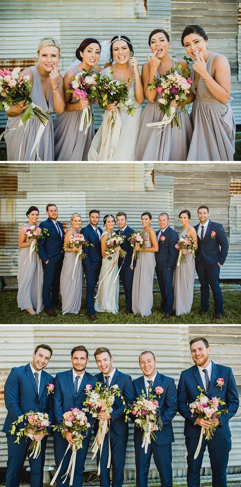 Soft purple grey bridesmaid dresses and blue groomsmen suits | Curly Tree Photography Navy Bridal Parties, Blue Groomsmen Suits, Blue Groomsmen, Bridal Party Groomsmen, Wedding Parties Pictures, Wedding Parties Colors, Groomsmen Outfits, Bridal Party Outfit, Grey Bridesmaids