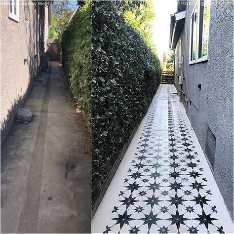 Small Concrete Porch Ideas, Concrete Patio Stencil Ideas, Diy Backyard Decor, Stencil Concrete, Tile Stencils, Royal Design Studio Stencil, Pattern Tiles, Painted Patio, Stencil Projects