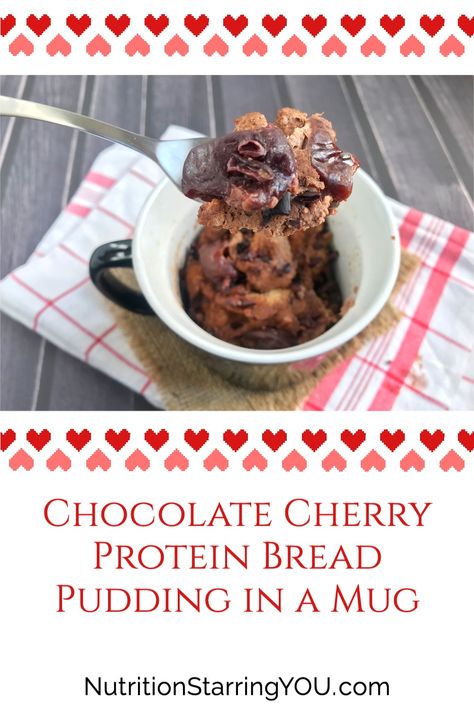 This protein-packed Chocolate Cherry Protein Bread Pudding in a Mug is a fun “dessert for breakfast” treat for any day of the week!  #breadpuddingeasy #breadpuddinglowsugar #breadpuddingrecipe #breakfastclub #cherrybreadpudding #chocolatebreadpudding #highproteinbreakfast #mealprepbreakfast #mealprepbreakfasthealthy #mealprepbreakfasthealthyprotein #proteinbreadpudding #breadpuddinglowcalorie High Fibre Desserts, Pudding In A Mug, Bread Pudding Easy, Chocolate Bread Pudding, Protein Bread, Bread And Butter Pudding, Protein Packed Breakfast, Bread Pudding Recipe, High Protein Breakfast