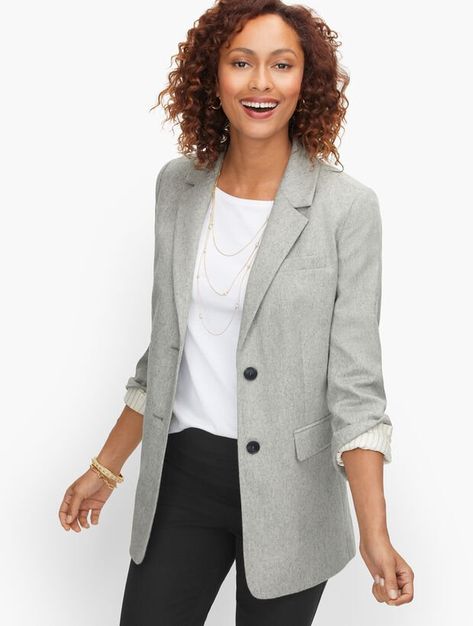 Long Wool Blend Blazer - Herringbone Gray Blazer Outfit Women, Gray Blazer Outfit, Grey Blazer Women, Grey Blazer Outfit, Light Grey Blazer, Jacket Outfit Women, Herringbone Jacket, Blazer Outfits For Women, Overcoat Jacket