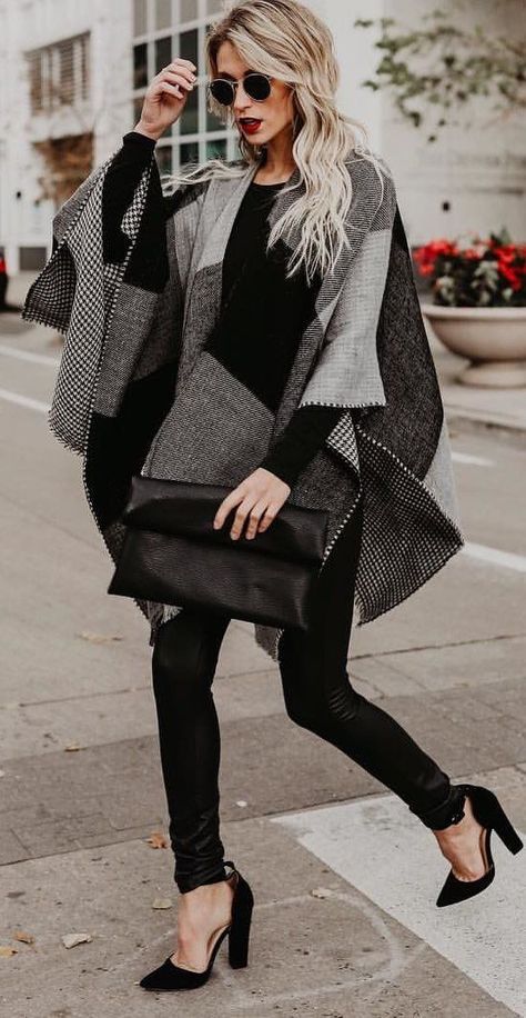 Shawl Outfit Winter, Fall Outfits Black, Shawl Outfit, Highheels Shoes, Tops Fall Outfits, Classy Fall Outfits, Comfy Fall Outfits, Blanket Scarves, Outfit Work