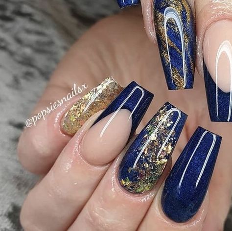 Royal Blue And Gold Ombre Nails, Navy Blue With Rose Gold Nails, Sapphire Blue And Gold Nails, Navy Blue And Gold Gel Nails, Blue Gold And Black Nails, Navy Blue And Gold Nails Acrylic Coffin, Navy Blue And Yellow Nails Design, Navy Blue Bling Nails, Blue Black Gold Nails