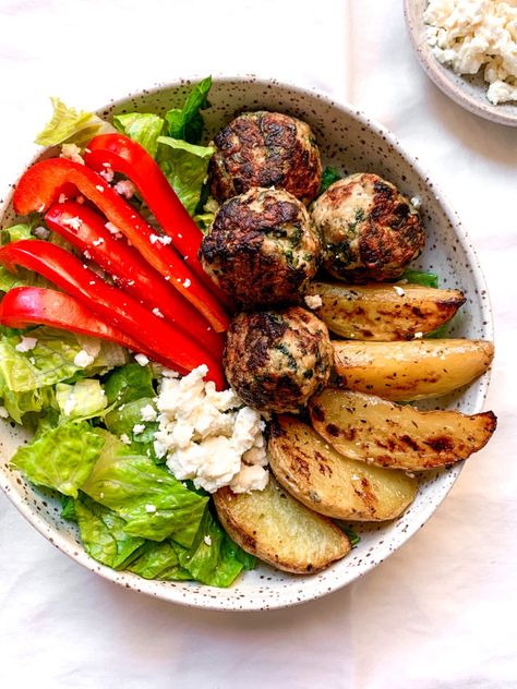 Meatball Bowl, Meatball Bowls, Greek Pork, Pork Meatball, Greek Meatballs, Greek Potatoes, Lemon Potatoes, Pork Meatballs, Easy Healthy Meal Prep