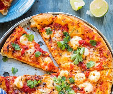 Prawn Pizza, Grilled Romaine Lettuce, Seafood Pizza Recipes, Air Fried Fish, Beetroot Relish, Seafood Pizza, Spinach Pizza, Grilled Romaine, Cherry Tomato Sauce