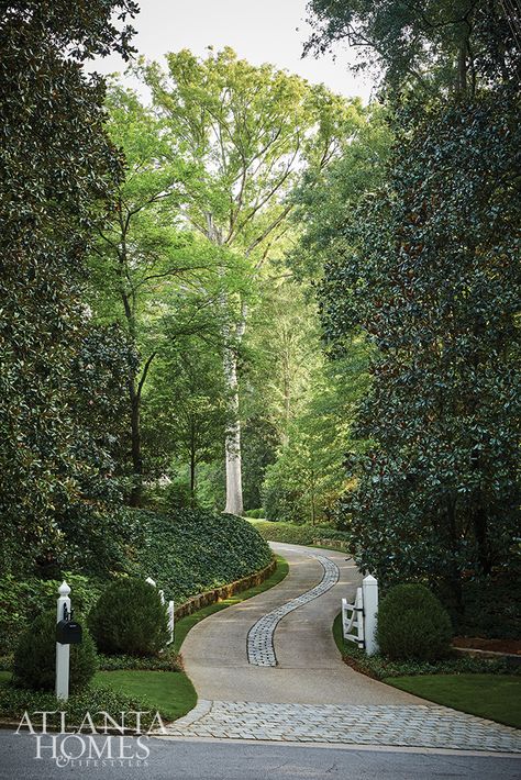 Pastoral Beauty - Atlanta Homes and Lifestyles Country Stone House, Winding Driveway, Home Landscaping Ideas, Driveway Entrance Landscaping, Driveway Entrance, Driveway Design, Long Driveways, Driveway Landscaping, Landscaping Inspiration