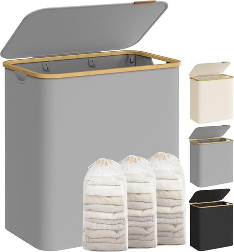 SONGMICS Laundry Basket with Lid, 3-Section Large Laundry Hamper, 150L, Removable Mesh Liner, Oxford Fabric, Bamboo Handles, Collapsible, 60 x 38.5 x 70.5 cm, Dove Grey LCB515G01 Large Laundry Hamper, Hamper With Lid, Double Laundry Hamper, Laundry Basket With Lid, Laundry Hamper With Lid, Large Laundry Basket, Laundry Routine, Clothes Basket, Laundry Storage