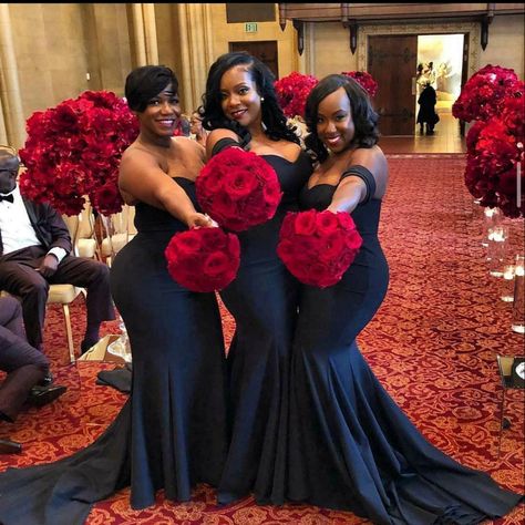 Red Wedding Theme, Black Bridesmaid, Red Rose Wedding, African American Weddings, Mermaid Bridesmaid, Black Bridesmaids, Sleeve Gown, Mermaid Bridesmaid Dresses, Black Bridesmaid Dresses