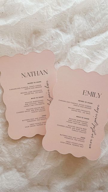 Atelier Creative • Invitations, signage + florals on Instagram: "Personalised wavy custom menus for Emily + Nathan’s rehearsal dinner 🥂 • wave diecut • digitally printed • blush stock" Wavy Wedding Stationery, Wavy Wedding Signage, Wavy Wedding Invitations, Wavy Invitation, Signage Florals, Creative Invitations, Table Names, Moon Flower, Wedding Signage