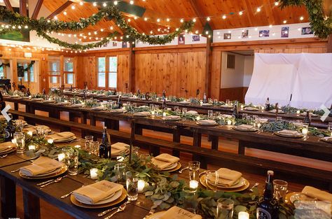 Camp Wedding - Beer Hall Reception - Eucalyptus Garland - Eucalyptus Table Runners - Rustic Wedding #campbiedenbach Beer Hall Wedding Receptions, Beer Hall Wedding, Brewery Wedding Reception, Wedding Beer, Married Af, Hall Tables, Table Garland, Beer Wedding, Brewery Wedding