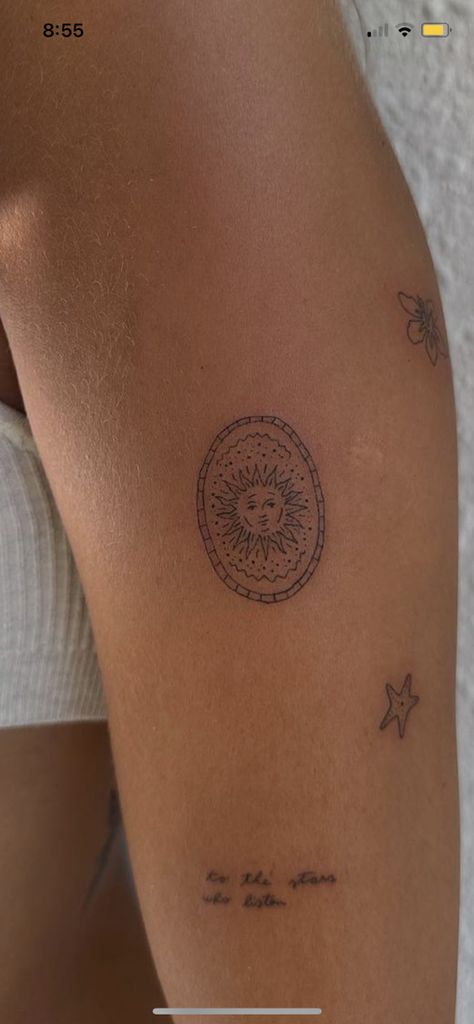 Art Tattoo Ideas Artists, Spain Travel Tattoo, Letter Placement Tattoo, Tiny Leg Tattoos Women, Small Heart Tattoo On Chest, Pressed Penny Tattoo, Argentina Sun Tattoo, Sun Tattoo With Face, Patchy Sleeve Tattoo Women