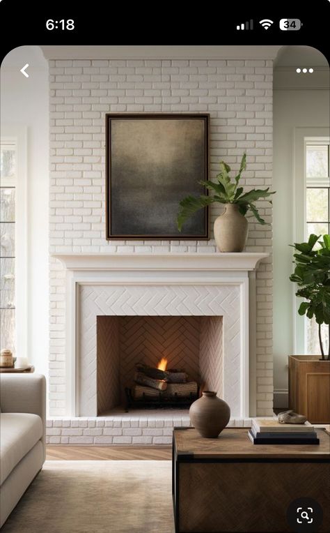 Fireplace With Candles, Brick Fireplace Decor, White Wash Brick Fireplace, Elizabeth House, Fireplace Brick, White Mantle, Brick Fireplaces, White Brick Fireplace, Room 2023