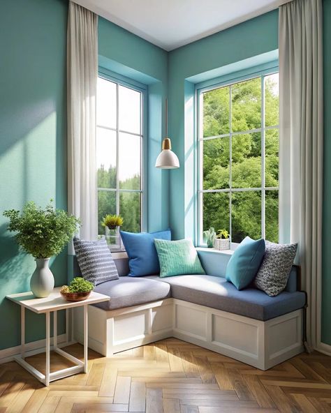 Modern home window corner design ideas with soft blue colors #modernhouse #softcolors #softblue #interiordesign #interiordesignideas #modernhomes #homedecor #homeideas L Shaped Window, Corner Design Ideas, Window Corner, Corner Window, Home Window, Corner Design, Corner Designs, L Shape, Bathroom Interior Design