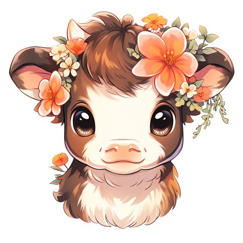 Cute Kawaii Cottagecore Baby Cow in Summer Flowers in Rustic Colors Sticker Cute Cow Pictures Cartoon, Cute Whimsical Drawings, Cute Illustration Stickers, Animals With Flowers Drawing, Cute Cow Design, Kawaii Farm Animals, Kawaii Animal Art, Cute Cow Drawing Cartoons, Cute Clipart Aesthetic