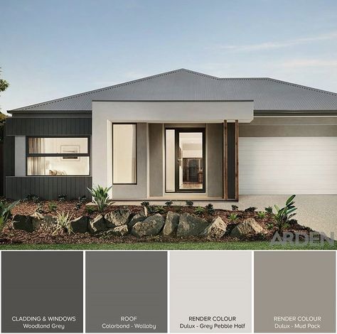 Gray Exterior House Schemes, Outdoor House Colour Combinations, House Facade Paint Color Schemes, Grey House Color Scheme Exterior, Front House Colour Ideas, Dulux House Exterior Colours, Best Colour Combinations For Building, Exterior House Colors Ideas Paint Colours, Modern Brown Exterior House