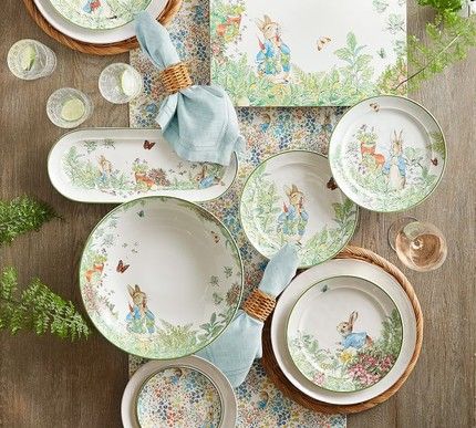 23 Beautiful Easter DIY Tablescape Decorating Ideas Peter Rabbit And Friends, Rabbit Collection, Rabbit Garden, Floral Napkins, Floral Table Runner, Easter Treats, Easter Table, Beatrix Potter, Peter Rabbit