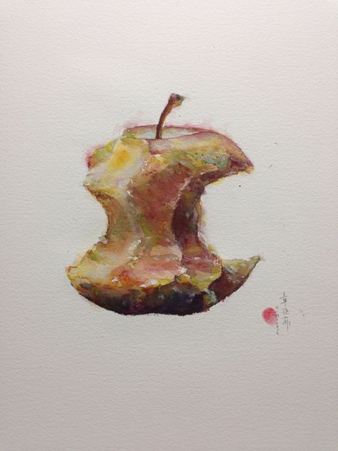 Half eaten Apple Watercolour by Fei Rotten Fruit Painting, Rotten Fruit Drawing, Rotten Apple Drawing, Half Eaten Apple, Eaten Apple, Aged Art, Leaving Cert, Drawing Apple, Art Homework