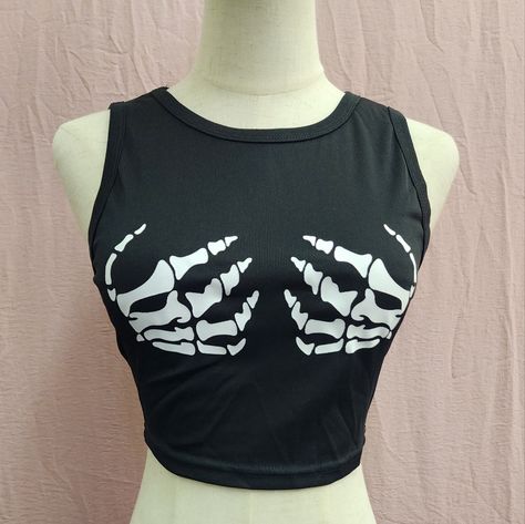 Shein Skeleton Hand Print Crop Tank Top New Without Tag. Color: Black Size: Small Cute Mesh Tops, Skeleton Crop Top, Skeleton Clothing, Black Tank Top Outfit, Skeleton Outfit, Rabid Dog, Grunge Shirts, Black Tanktop