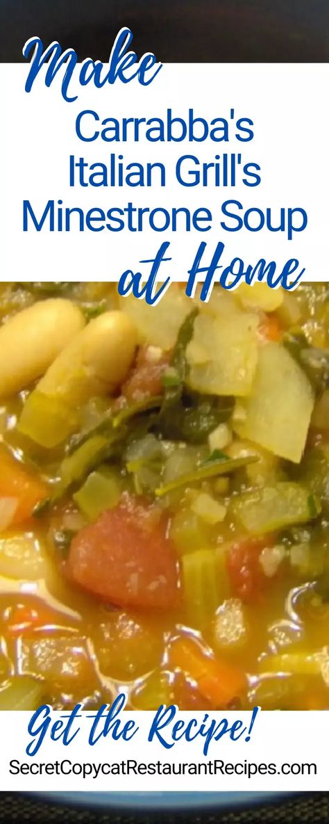 Carrabba's Minestrone Soup Recipe Carrabba's Minestrone Soup Recipe, Carrabbas Recipes, Italian Grill, Minestrone Soup Recipe, Italian Soup, Copykat Recipes, Delicious Soup Recipes, Minestrone Soup, Yummy Salad Recipes