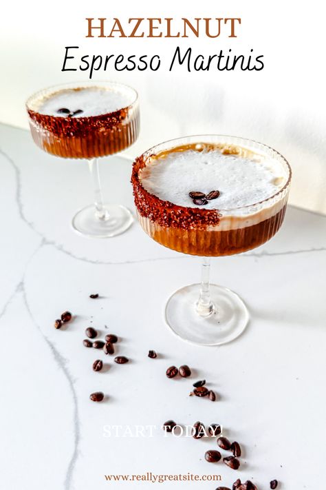 If you are looking for a good cocktail you can enjoy with your friends on a cold winter night, this hazelnut espresso martini is the perfect choice. It has all of the warmth and spice that is associated with hazelnuts, but also adds a hint of sweetness to make it the ideal after-dinner drink. Our newest favorite after dinner cocktail is a hazelnut espresso martini! This espresso martini cocktail is the perfect blend of espresso, Frangelico, Kahlua, & vodka. After Dinner Martini, Hazelnut Espresso Martini, Hazelnut Cocktail, At Home Espresso, Mocktail Ideas, After Dinner Cocktails, Espresso Martini Cocktail, Kahlua Coffee Liqueur, Espresso Martinis