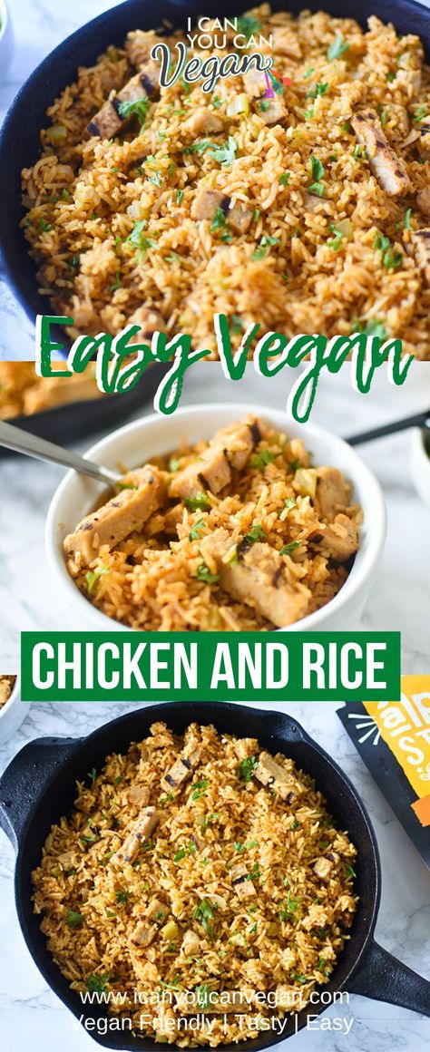 Need a quick vegan dinner idea that's ready in 30 minutes or less? Check out this easy vegan southern chicken and rice! Made in one pot and seasoned to perfection with ingredients you probably already have in your pantry! It's cooked with fresh onions, celery and garlic to add to the flavor and uses Alpha Chik'n Strips for a meaty addition! This easy, quick, one pot recipe is sure to please! #Veganchicken #Veganchickenandrice #veganonepot #onepotmeal #onepotveganmeal #vegandinner #AlphaFoods Vegan Chicken And Rice, Vegan Rice Recipes, Southern Chicken And Rice, Quick Vegan Dinner, Budget Vegan, Vegan Meat Recipe, Indian Vegan, Rice Recipes Vegan, Chicken And Rice Recipe