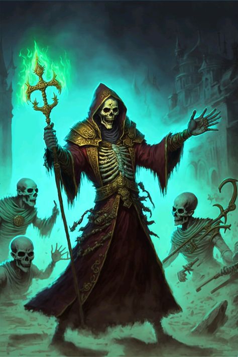 Yellow Glowing Eyes, Skeleton Wizard, Clawed Hands, Abandoned Temple, Slavic Clothing, Dark Wizard, Dynamic Pose, Vampire Fangs, Glowing Eyes