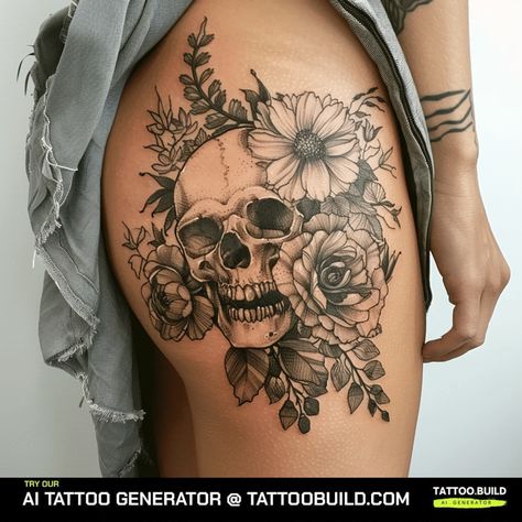 Floral Tattoo Leg, Skull And Flowers Tattoo Design, Tattoo In Leg, Flower Skull Tattoo, Skull And Flower Tattoo, Skull Tattoo Meaning, Pretty Skull Tattoos, Floral Skull Tattoos, Thigh Tats