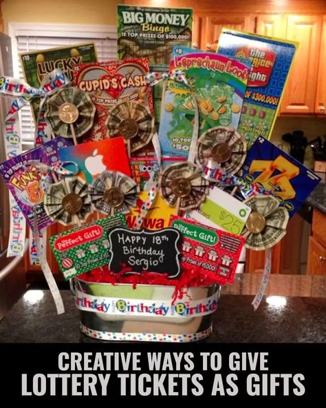 57 Creative Ways to Gift Scratch Off Lottery Tickets - Jen's Clever DIY Ideas How To Gift Lottery Tickets, Lotto Basket Ideas Lottery Tickets, Gifting Lottery Tickets, Lottery Ticket Gift Basket Ideas, Lottery Basket Ideas, Scratch Off Bouquet, Lottery Tickets Gift Ideas Birthdays, Lottery Ticket Wreath, Scratch Off Ticket Gift Ideas