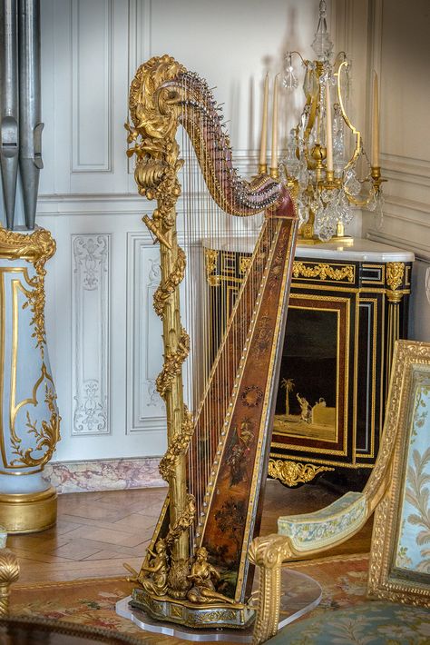 Versailles | France - Harp in Grand Cabinet of Madame Adelaide Harp Instrument Aesthetic, Victorian Music Room, Versailles Furniture, Madame Adelaide, Rococo Decor, Royalty Core, العصور الوسطى, Royal Core, Instruments Art