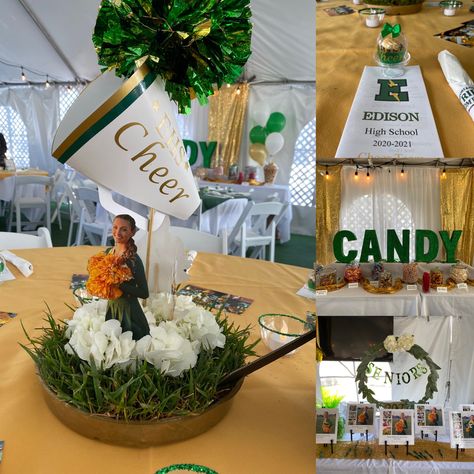 Dance Team Table Decorations, School Spirit Centerpieces, Cheerleading Centerpieces Banquet Ideas, Cheerleader Graduation Party Ideas, High School Banquet Ideas, Senior Cheer Banquet Table Ideas, Cheerleader Banquet Ideas, End Of Season Cheer Party Ideas, Cheer Centerpieces Banquet Ideas