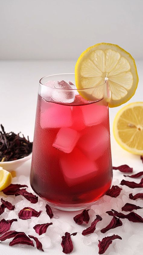 Rose Hibiscus Iced Tea is a beautifully aromatic and refreshing beverage, combining the tartness of hibiscus tea with the delicate sweetness of rose syrup. Served over ice and garnished with a rose petal and lemon wheel, it’s a perfect drink for a warm day. Hibiscus Tea Aesthetic, Tea Mocktail, Hibiscus Iced Tea, Ice Lemon Tea, Hibiscus Drink, Edible Rose Petals, Rose Syrup, Dried Hibiscus Flowers, Fresh Rose Petals