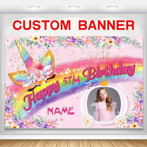 PRICES MAY VARY. Custom Decorations Banner:This is a birthday banner that supports customization, You can customize your photo、age and name on your Birthday Decorations banner to add atmosphere to your Birthday party. Suitable size: Birthday banner large enough to decorate your party and will be shown nicely in photos, instantly livening up your party setting. Reliable material: Personalized Birthday Decorations banner is made of durable polyester fabric, lightweight, washable and tear-resistant Rainbow Happy Birthday, Gold Birthday Banner, Unicorn Backdrop, Happy 5th Birthday, Birthday Name, Happy Birthday Parties, Unicorn Rainbow, Rainbow Birthday, Custom Banners