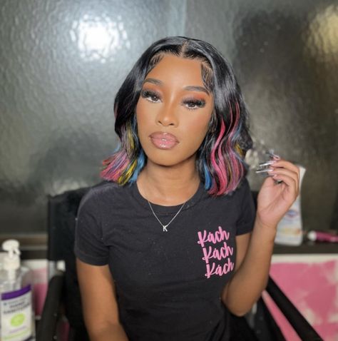 Peekaboo Hair Color Black Women Wig, Peekaboo Hair Color Wig, Black Hair With Pink Highlights Weave, Rainbow Streaks In Hair, Oil Slick Wig, Rainbow Hair Black Women, Cute Wigs With Black And Peekaboo Lavender, Bob Wig With Peekaboo Color, Rainbow Wig