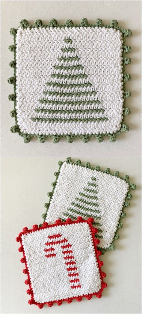 Crochet Candy Cane And Christmas Tree Hot Pad Christmas Potholders, Crochet Patterns Ideas, Crocheted Christmas, Crochet Hot Pads, Crochet Tree, Confection Au Crochet, Farm Crafts, Crochet Christmas Trees, Crochet Potholders