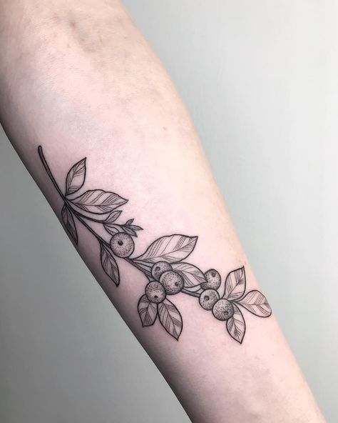 Blueberry sprig I got to do yesterday. I really like pieces like this, the placement, the style, just the whole look of it. 🤘 Huckleberry Tattoo, Berries Tattoo, Lisa Tattoo, Coffee Tattoo, Coffee Tattoos, Vine Tattoos, Floral Tattoo Sleeve, Plant Tattoo, Dream Tattoos