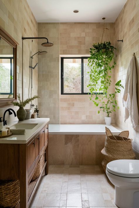 Design a serene spa-like bathroom with beige-toned tiles, wooden vanities, and soft woven accents. Add touches of greenery and natural light to craft a warm, inviting retreat inspired by nature. #BathroomDesign #NaturalBathroom #SpaBathroom #BeigeBathroom #WoodenVanities #SereneBathroom #WovenDecor #BathroomRetreat #InteriorDesignInspo #BathroomGoals All Beige Bathroom, Cream Colored Master Bath, Modern Earth Tone Bathroom, Bathroom Accent Lighting, European Spa Bathroom, Sandy Bathroom Ideas, Earth Tone Bathroom Ideas Decor, Bathroom With Natural Light, Small Bathroom Ideas Natural