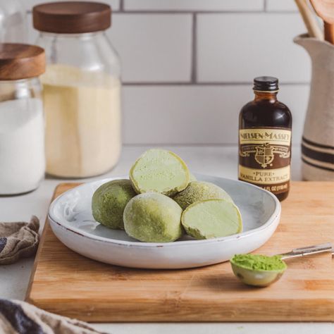 Homemade Green Tea Mochi Ice Cream - Nielsen-Massey Vanillas Mochi Ice Cream Recipe, Homemade Green Tea, Green Tea Mochi, Mochi Ice, Green Tea Ice Cream, Matcha Ice Cream, Mochi Ice Cream, How To Make Greens, Cherry Almond