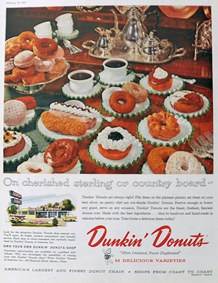 Vintage Food Pictures, Vintage Food Advertisements, Vintage Food Illustration, Doughnut Aesthetic, 1960s Food, Dunkin Donuts Iced Coffee, Frozen Coffee, Retro Food, Coffee And Donuts