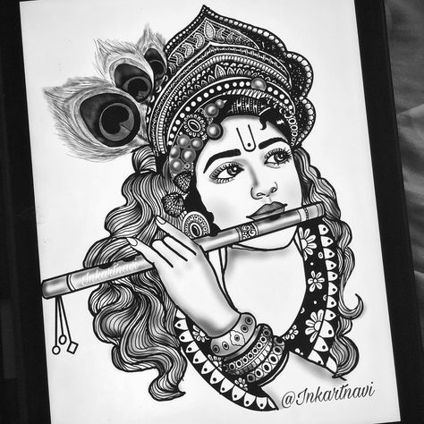 27k Likes, 267 Comments - Navanitha| Mandala &Zentangle (@inkartnavi) on Instagram: “Pls read below 👇🏼 Final work of Lord Krishna 😊🙏🏻 What do you guys think? . . I have been receiving…” God Sketch, Business Painting, Drawing Ideas Creative, Meaningful Paintings, Easy Mandala Drawing, Boho Art Drawings, Mandala Art Therapy, Doodle Art Drawing, Mandala Art Lesson