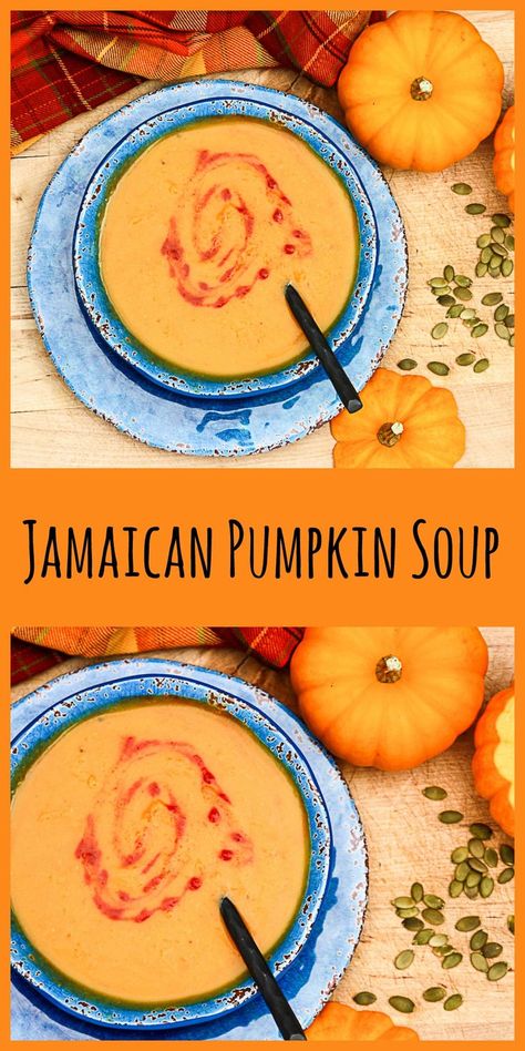 Jamaican Pumpkin Soup, with the delicious flavours of the Caribbean, is easy to make and a perfect way to warm up. #pumpkinrecipes #pumpkinsouprecipe #Jamaicanrecipes #Jamaicanpumpkinsoup #fallsouprecipes Jamaican Pumpkin Soup Recipe, Caribbean Soup, Easy Pumpkin Soup Recipe, Pumpkin Soup Recipe Easy, Reading Pumpkin, Food Rocks, Ital Food, Visit Jamaica, Pumpkin Soup Recipe