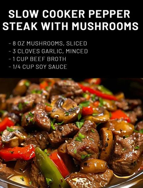 Slow Cooker Pepper Steak with Mushrooms – Page 2 – 99easyrecipes Slow Cooker Pepper Steak With Mushrooms, Pepper Steak Recipe Slow Cooker, Slow Cooker Beef And Peppers, Pepper Steak In A Crock Pot, Pepper Steak In The Crockpot, Crock Pot Pepper Steak Slow Cooker, Crockpot Mushroom Pepper Steak, Easy Pepper Steak Recipe Crock Pots, Crockpot Pepper Steak Recipes Crock Pots