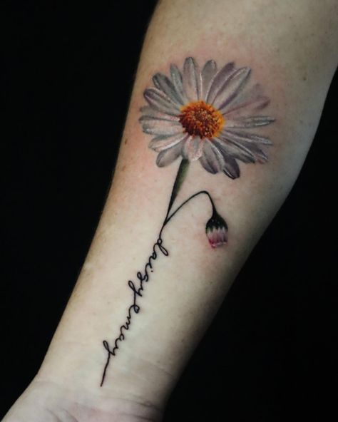 Memorial tattoo - colour realism daisy flower, done in 4 hours Instagram: @corycooktattoo #tattoo #flower #daisy #tattooist #tattooing #bristol #uktattoo #memorialtattoo #flowertattoo #colourtattoo #realismtattoo #flowers #daisytattoo Daisy Realism Tattoo, Tattoo Colour, Realism Tattoos, Daisy Tattoo, Memorial Tattoo, Flower Daisy, Pink Poppies, Realism Tattoo, 4 Hours