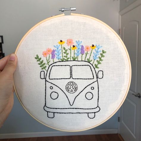 Van Embroidery, Camper Embroidery Pattern Free, Vw Van Embroidery, Rv Embroidery, Vw Bus Cross Stitch Pattern, Embroidered Vans, Bugs Embroidery, Hippie Van, Embroidery Hoop Art