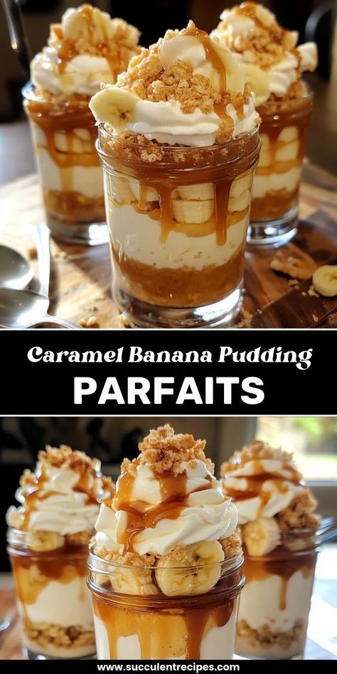 Layered with creamy pudding, caramel sauce, and fresh bananas, these Caramel Banana Pudding Parfaits are the ultimate indulgent treat for any occasion. Flavored Banana Pudding, Bananas Foster Pudding, Banana Pudding Truffles, Banana Pudding Mason Jar, Banana Caramel Dessert, Pudding Desserts In A Cup, Parfait Recipes Dessert, Pudding Cups Ideas Desserts, Mini Parfait Desserts