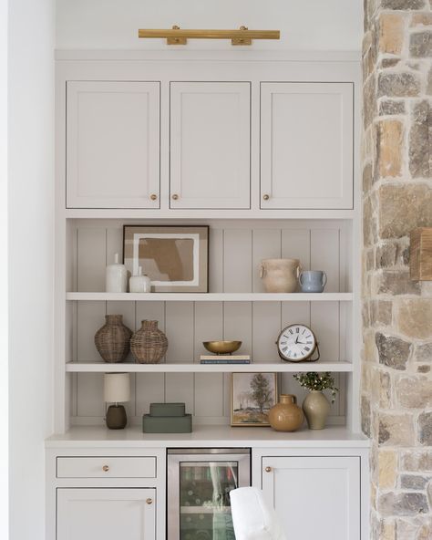 Built-ins flank this fireplace; one serves at a walk up mini bar, the other houses the tv. Builder: @hbdbuilder Photography: @sarahshieldsphoto Built In Wall Shelves, Built In Around Fireplace, Narrow Shelves, Narrow Kitchen, Transitional House, Small Windows, Built In Shelves, Dining Room Walls, Mini Bar