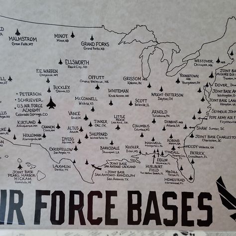 Honoring those who serve, our US Air Force Bases Hand Drawn Map is a unique and thoughtful gift of appreciation. Hand-drawn by Wisconsin artist Jesse, this map measures 17" x 11" and features detailed illustrations of Air Force bases across the United States. Perfect for your selfless friend who served our country, this map is both a beautiful piece of art and a meaningful tribute. With updated and corrected spelling, it’s an ideal way to show your gratitude and respect for their service. US air Air Force Tattoo, Us Air Force Bases, Air Force Basic Training, Air Force Gifts, Air Force Academy, Air Force Mom, Hand Drawn Map, Drawn Map, American Military