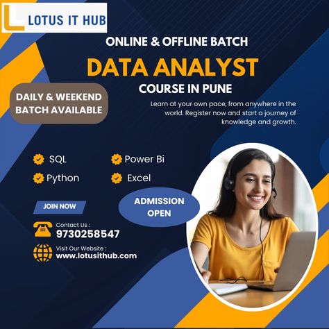 🌟🌟Elevate your career with Data Analyst skills! Whether you're a beginner or looking to enhance your database knowledge, this course is tailored for you.🌟🌟 👉🏼Admissions are started reserve yours seats now! Lotus IT Hub training institute gives you the best training in Data Analyst Course. 👉 What we provide:- ✅ Basic to advance ✅ Hands on training ✅. ISO certified course ✅. Online and offline batches ✅. Daily Assignments ✅. Weekday/weekend batch Available ✅. Affordable fees ✅. Company oriented... Data Visualization Techniques, Behavioral Interview Questions, Offline Mode, Regression Analysis, Confidence Interval, Relational Database, Corporate Strategy, Admission Open, Statistical Analysis