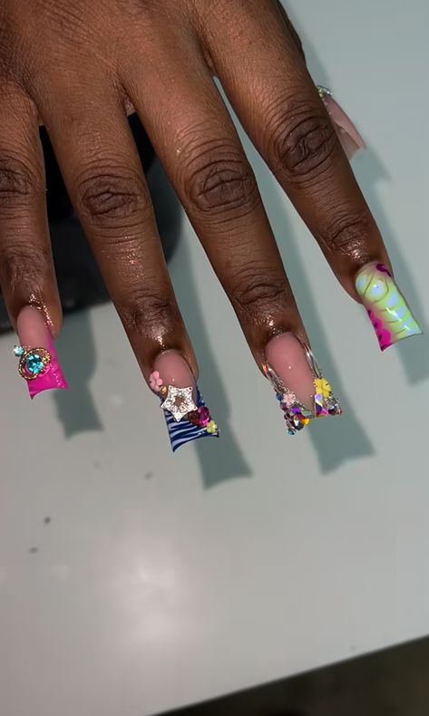 90s French Tip, Curved 90s Nails, 90s Theme Nails, Gemini Nails, Colorful Duck Nails, Lsd Nails, 90’s Theme Acrylic Nails, Lisa Frank Inspired Acrylic Nails, 2000s Nails Acrylic Flower